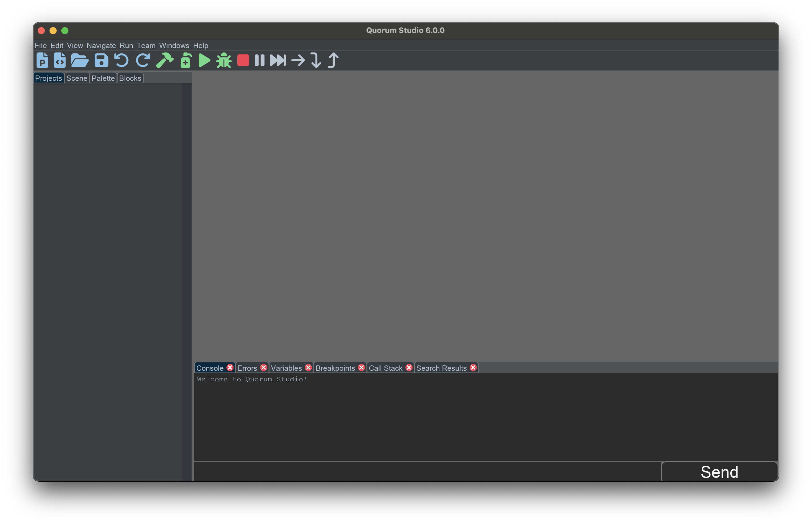 This is a picture of Quorum Studio 6.0. There are menus on the top, a set of buttons for controlling programs, and a variety of tabs related to the functionality of the programs you write.